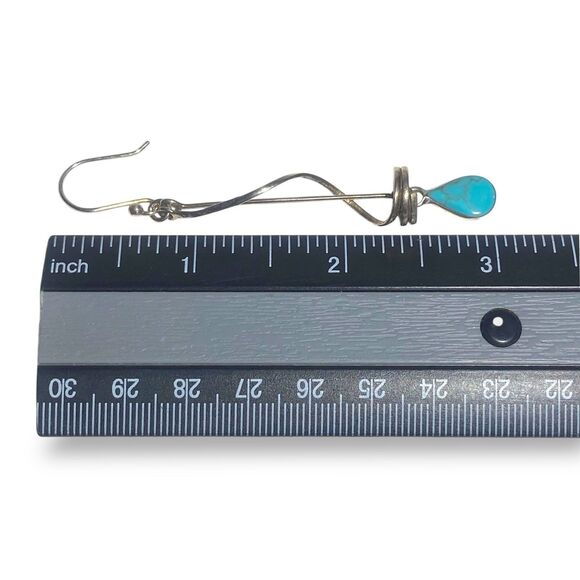 VTG 925 Silver Turquoise Dangle Earrings Made in Mexico 3” Drop Modernist Style - Picture 8 of 9